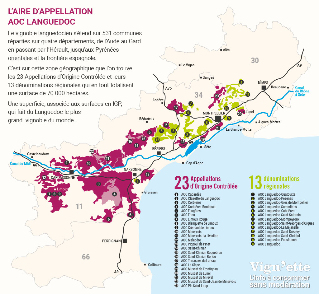 La carte des vins AOC Languedoc