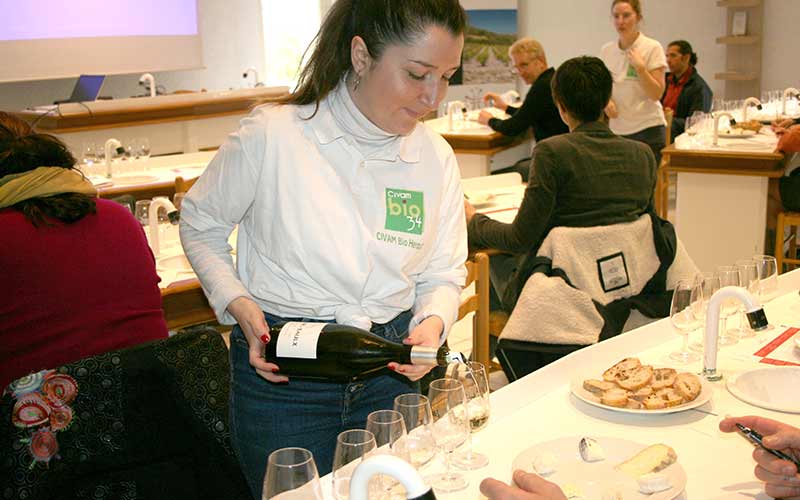 Sommelière servant le vin pendant la dégustation professionnelle des vins bio de l'Hérault