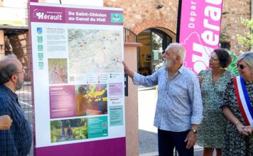 Lancement de la 1ère boucle “œnovélo” héraultaise : de Saint-Chinian au Canal du Midi Cérémonie de lancement de la première boucle “œnovélo” héraultaise